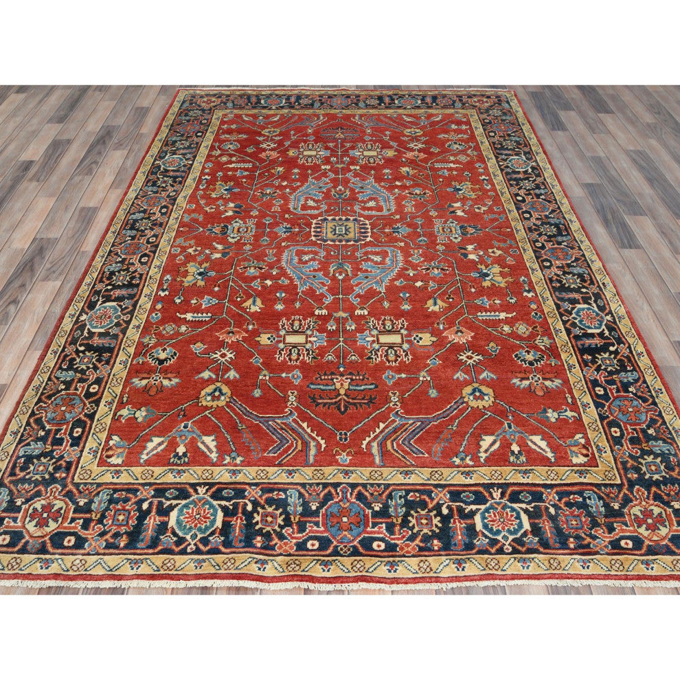 Imperial Red Afghan Peshawar Heriz Wool Hand Knotted Oriental Rug, 6'1"x9'1"
