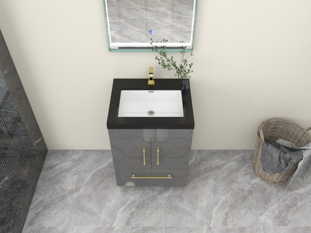 Rosa 24" Free Standing Modern Vanity, High Gloss Gray, Matt Black Top