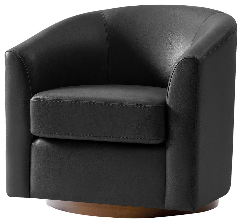 Swivel Barrel Geniune Leather Chair With Solid Wood Base, Black