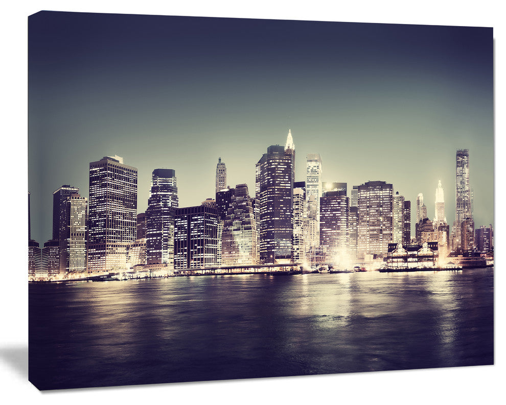 Black and White NYC Night Panorama, Extra Large Canvas Art Print, 60"x28"