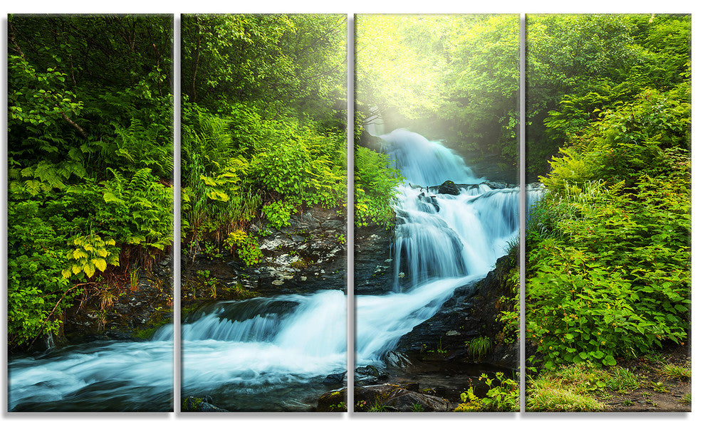 Blue Creek in Green Rain Forest, Landscape Canvas Art, 48"x28", 4 Panels