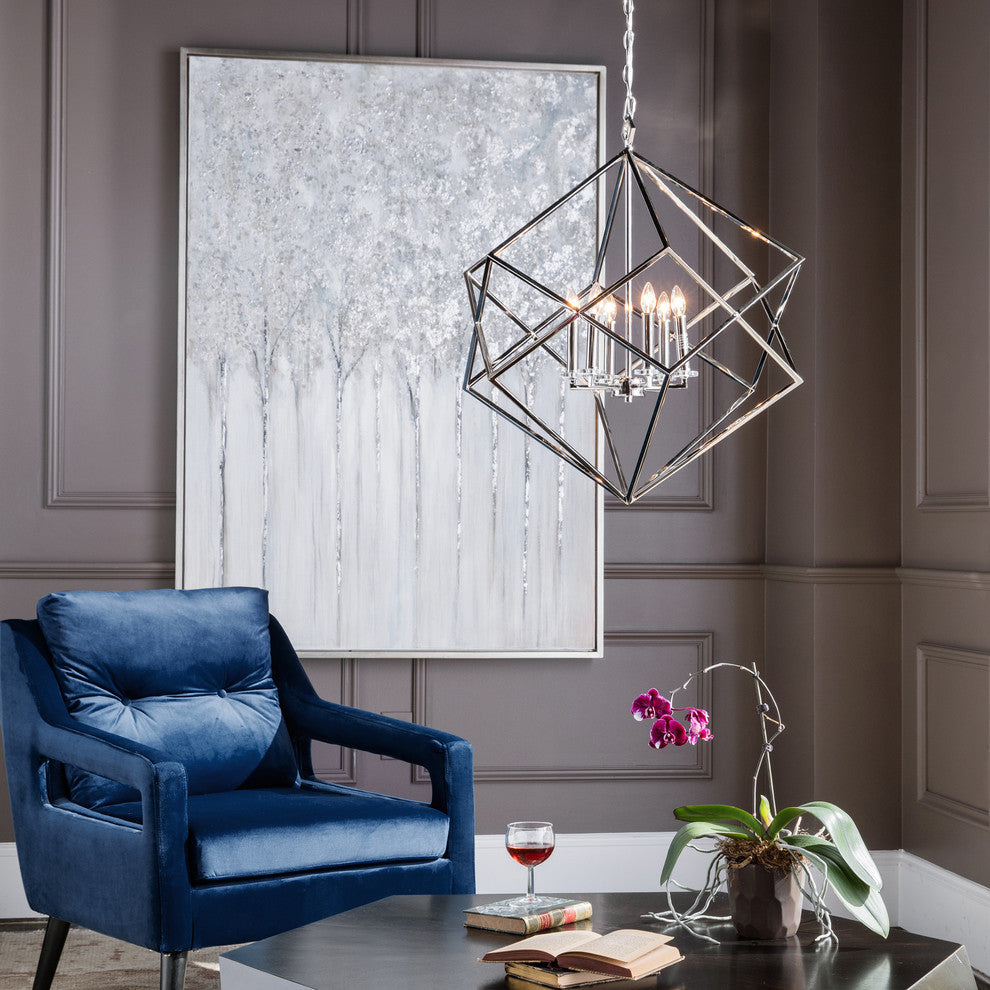 Mid Century Modern Interlocking Cubes Silver Pendant, 6 Light Chandelier Open