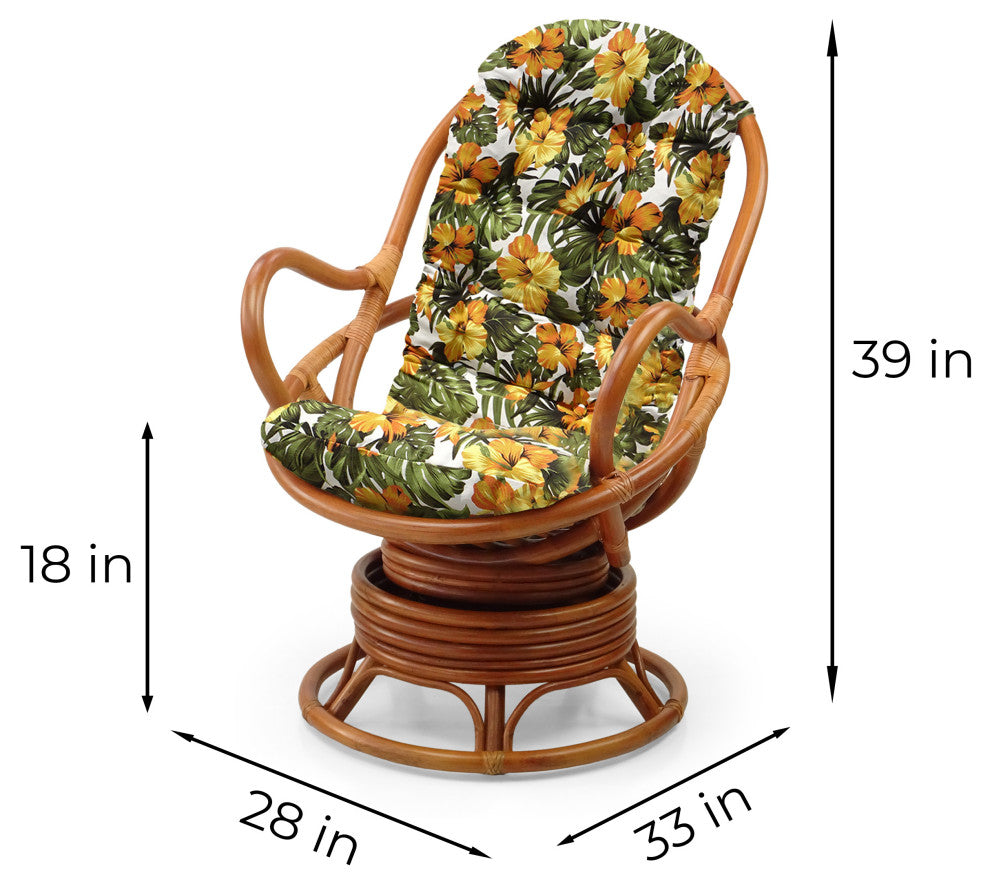 Java Lounge Swivel Rocking Rattan Wicker Chair Colonial, Floral Cushion