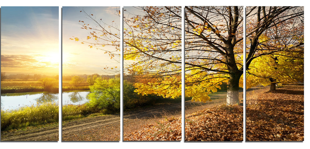Beautiful Road by the River, Large Landscape Canvas Art, 60"x28", 5 Panels