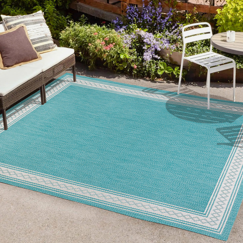 Lucia Classic Diamond Border Indoor/Outdoor Area Rug, Aqua/Light Gray, 8x10