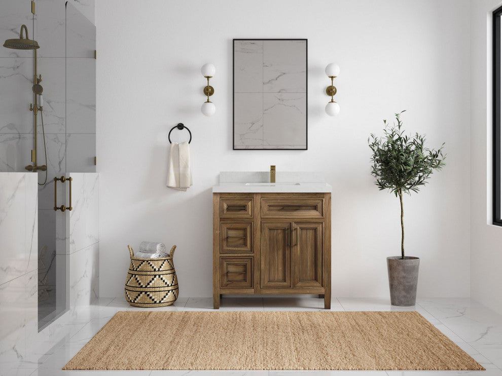 Santa Monica 36 Center Sink Bath Vanity in Graywashed Teak 2" Carrara Quartz