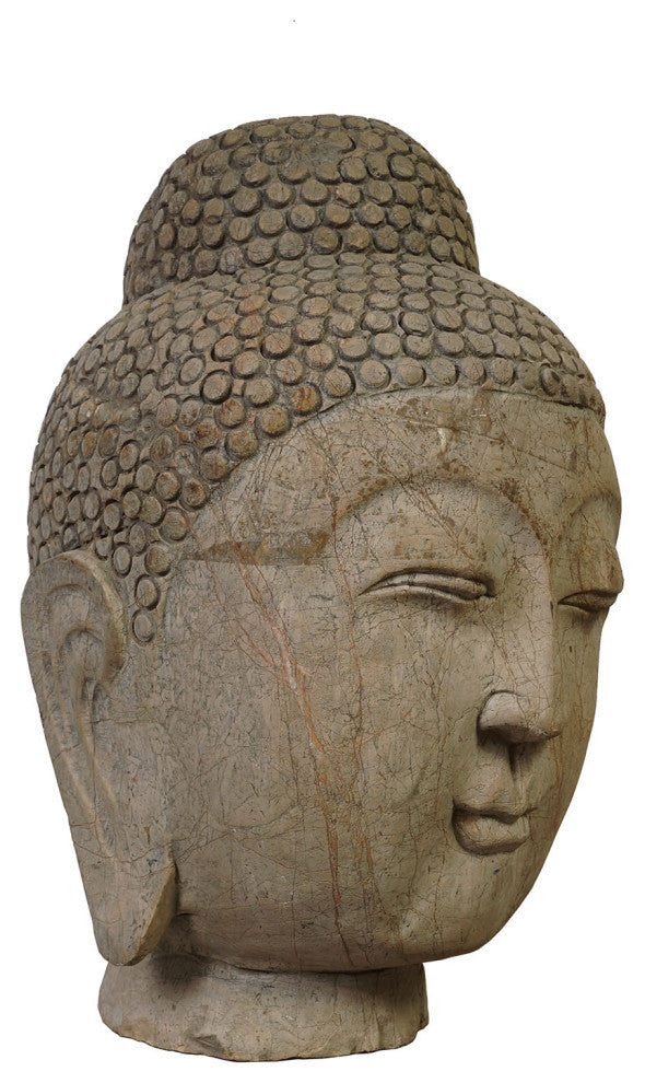 Consigned 14" Antique Chinese Carved Stone Buddha Head Statue