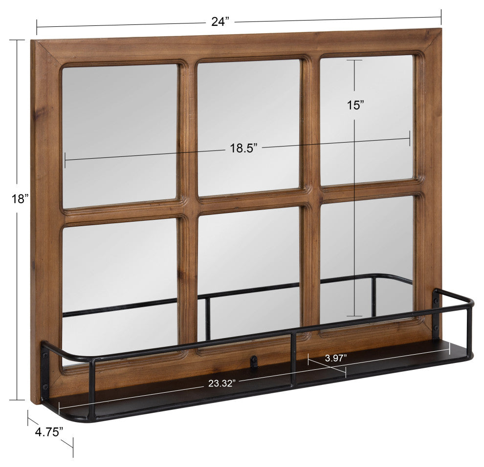 Jackson Wood Windowpane Mirror With Metal Shelf, Brown/Black, 24"x18"