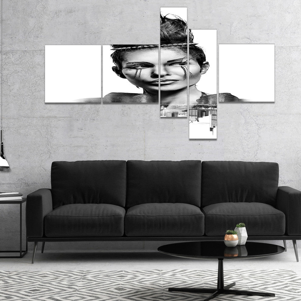 Double Exposure Woman With Hair, Portrait Canvas Art Print, 60"x32", 5 panels