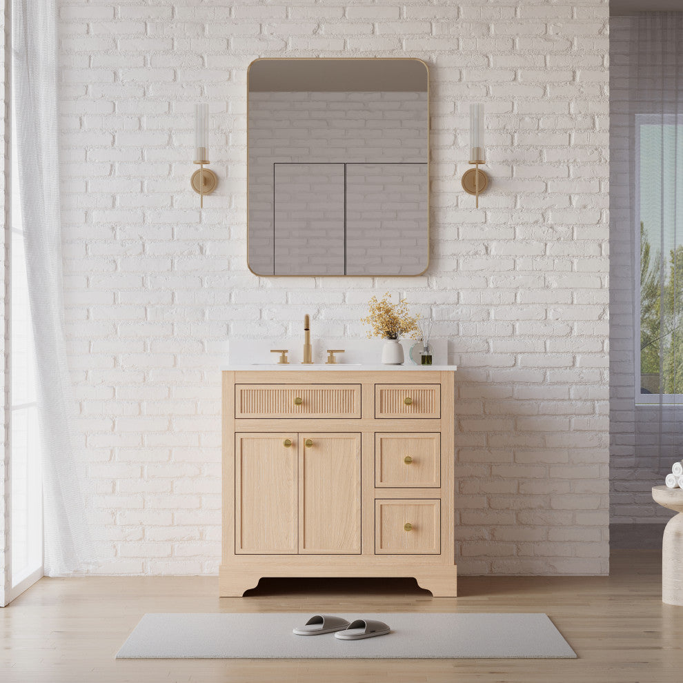Solid Wood Bathroom Vanity with Carrara White Quartz Top, CUPC-certified Sink, 36"