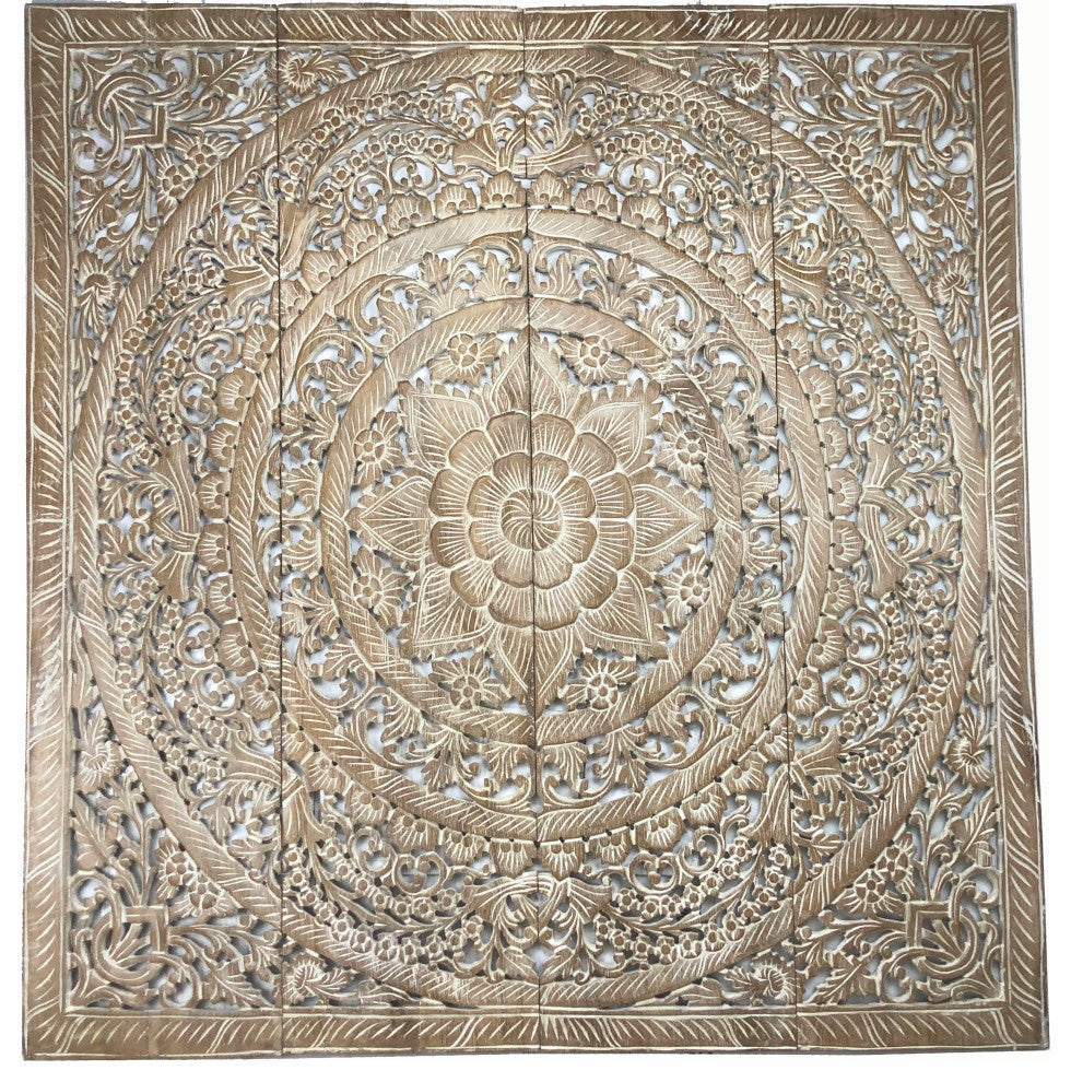 Tropical Floral Wood Carved Wall Panel, Unique Asian Home Decor, White