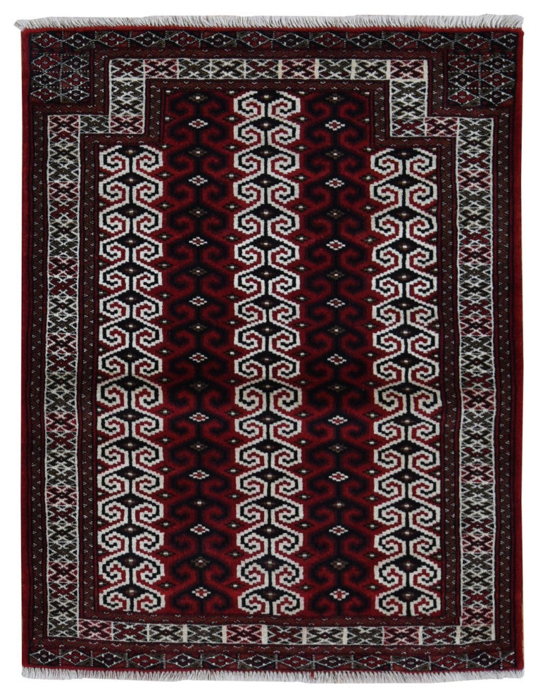 Maroon Red Turkoman Repetitive Design Pure Wool Hand Knotted Rug 3'2" x 4'1"