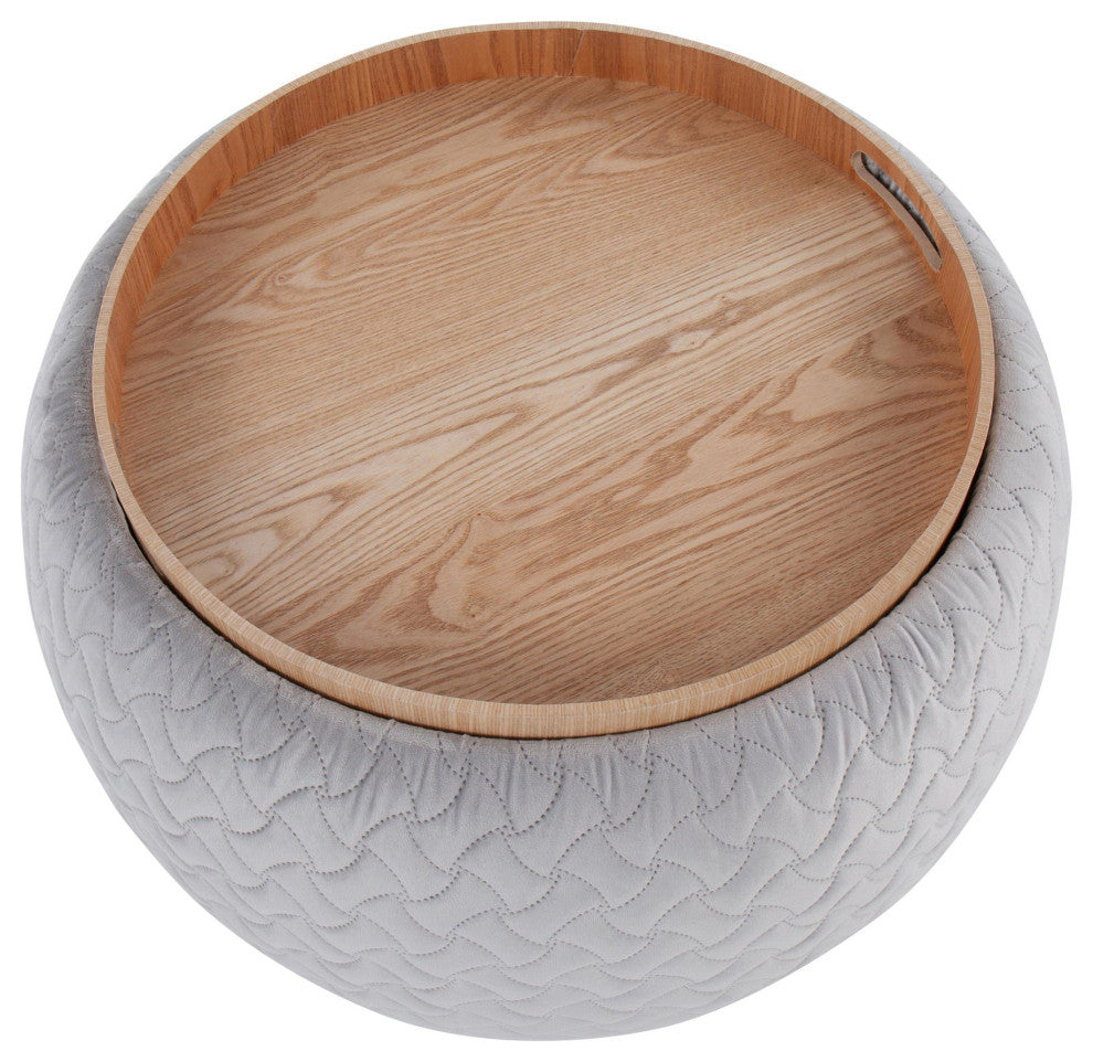 Tray Pouf, Silver Velvet, Natural Wood