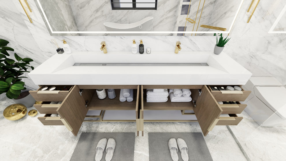 Madison 84" Free Standing Double Sink Vanity with Reinforced Acrylic Sink, Light Oak