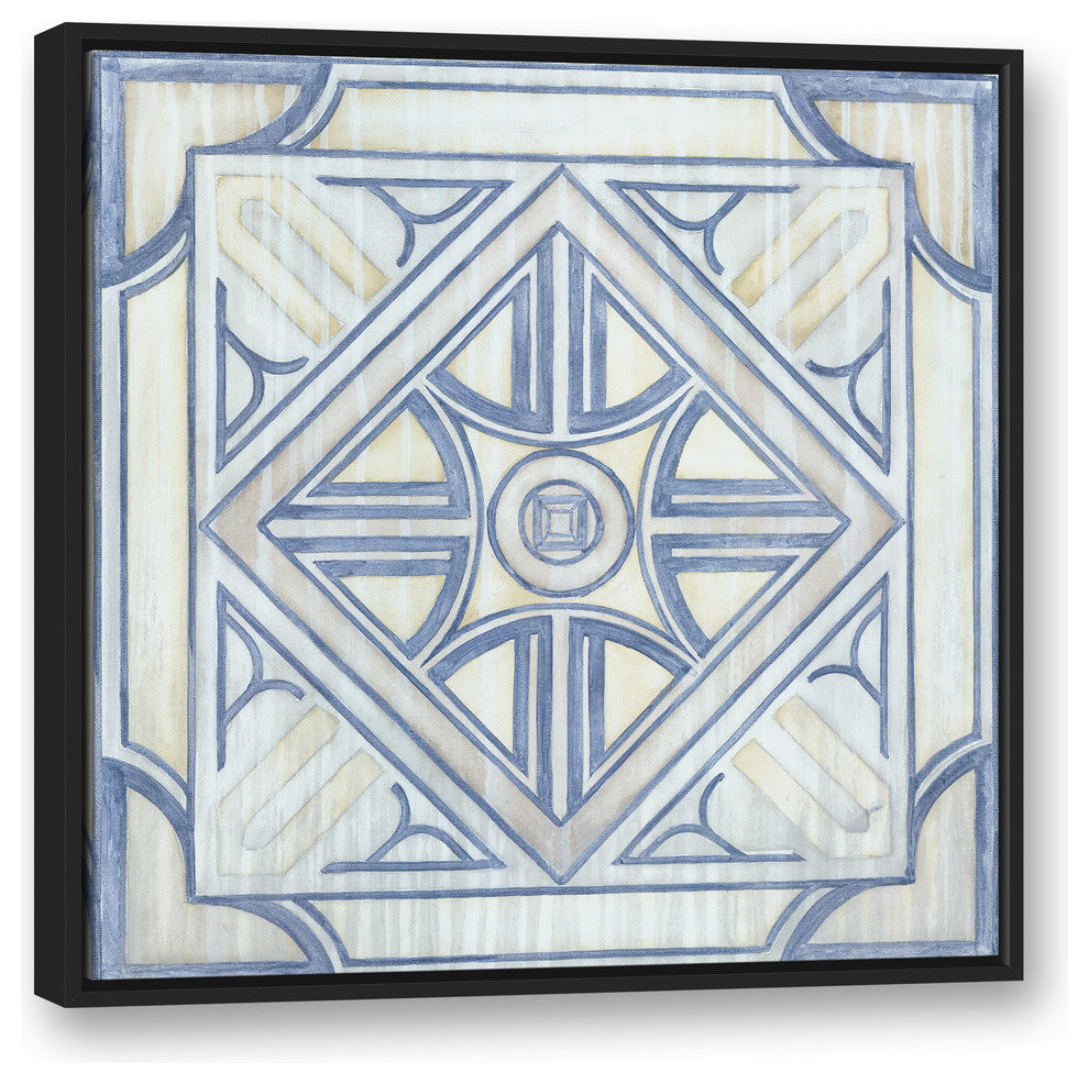 Blue and White Watercolor Tile 30x30 Black Floating Framed Canvas