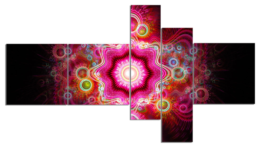 Bright Pink Fractal Flower, Abstract Wall Art Canvas, 60"x32", 5 panels