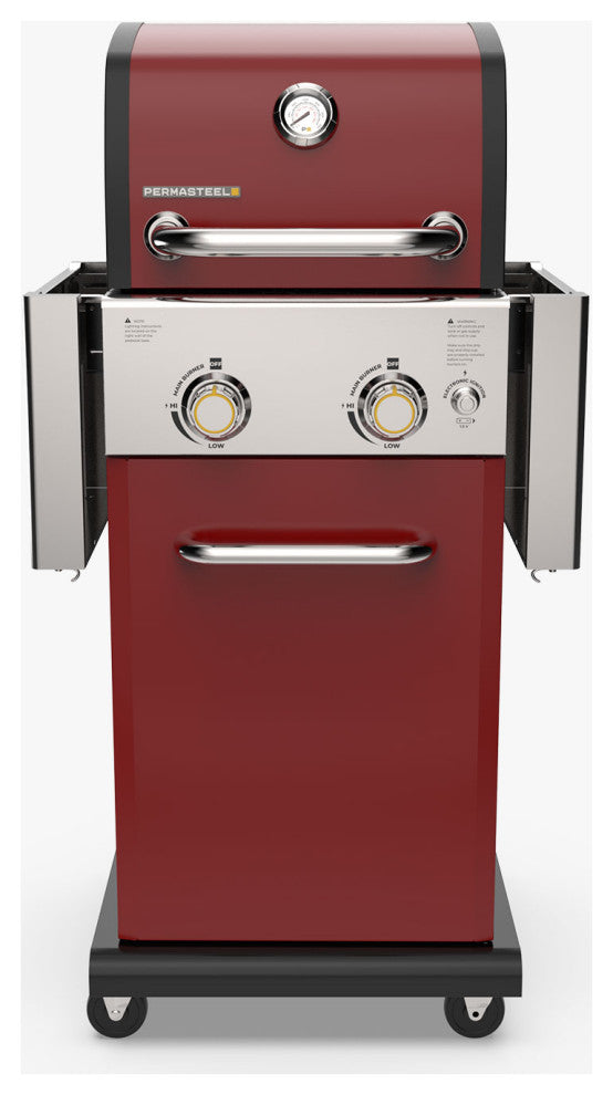 Permasteel 2 Burner Gas Grill with Folding Side Shelves, Red