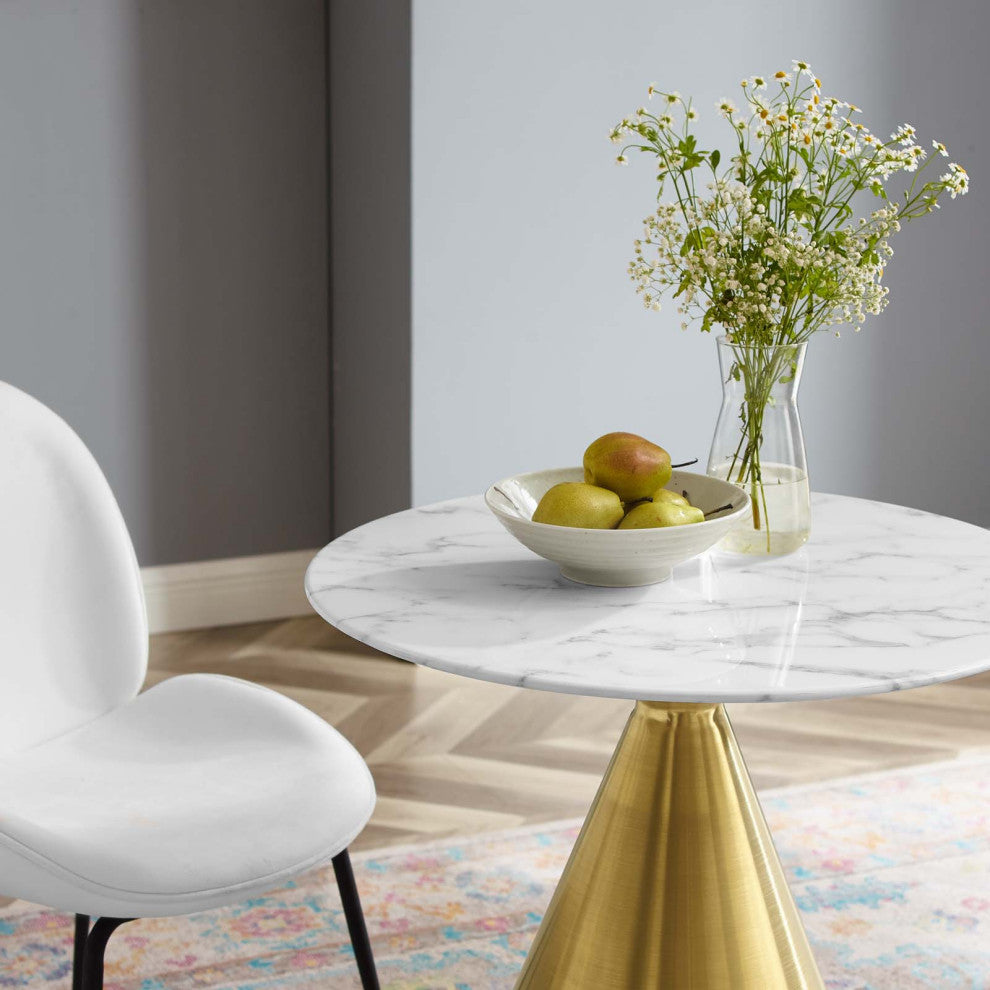 Dining Table, Round, Artificial Marble, Metal, Gold White, Modern, Cafe Bistro