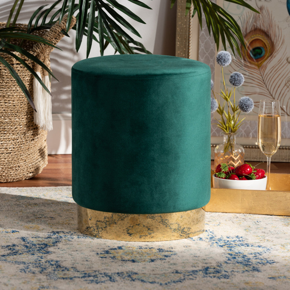 Greaves Glam Velvet Fabric Upholstered Ottoman, Green/Gold