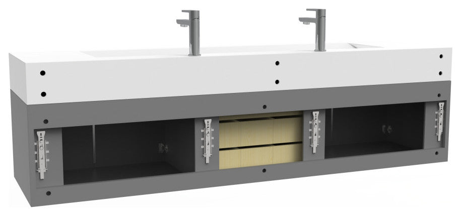 CastelloUSA Nile 72" Wall Mounted Bathroom Vanity Set, Gray, White Top, Chrome Handles