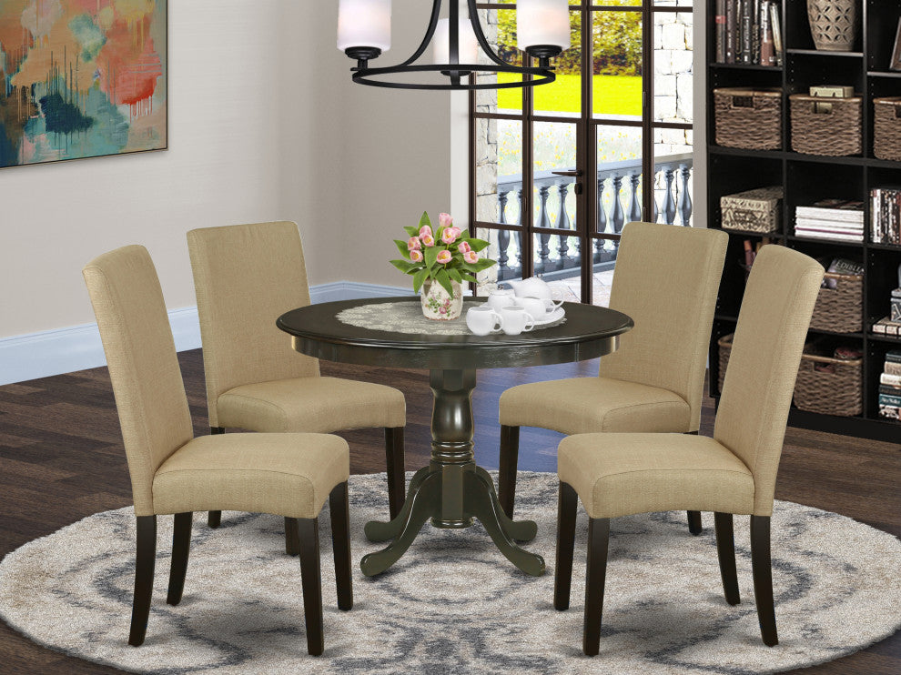5-Piece Round 42" Table and 4-Parson Chair, Brown Color