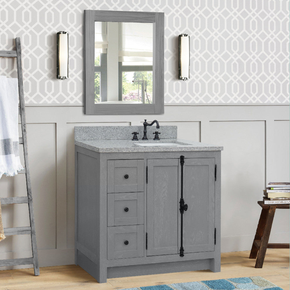 37" Vanity, Gray Ash With Gray Granite Top, Right Doors/Right Rectangle Sink