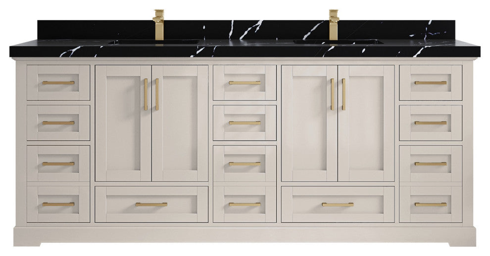 Boston 84" Double Sink Bath Vanity in Fine Grain 2" Calacatta Black