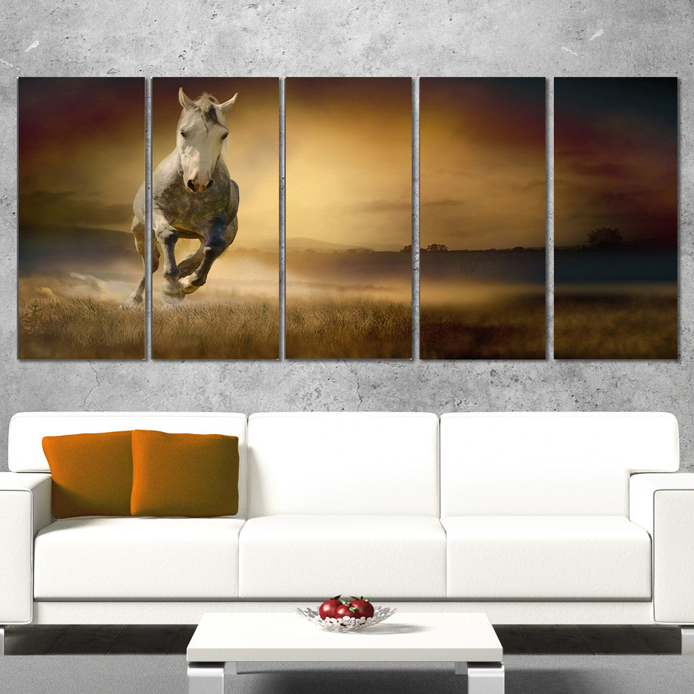 Horse Galloping Through Valley, Animal Canvas Wall Art, 60"x28", 5 Panels