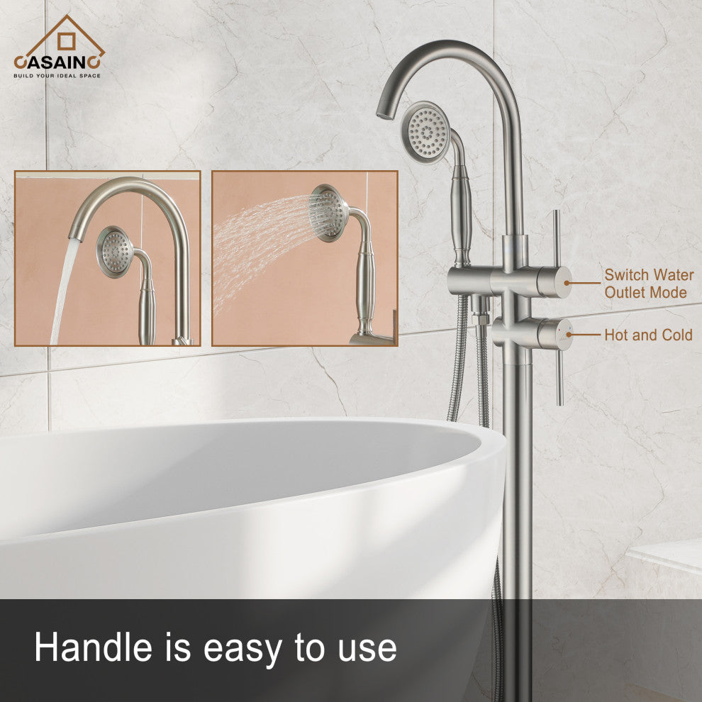 6 GPM Freestanding Bathtub Faucet with Hand Held Shower and Double Handle, Brushed Nickel