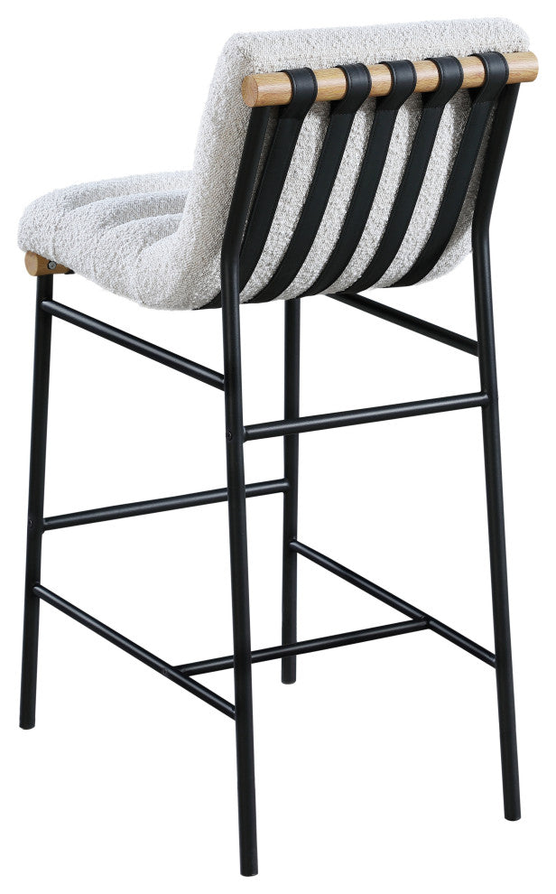 Burke Upholstered Bar Stool, Cream, Boucle Fabric, White Oak Veneer Metal Dowel