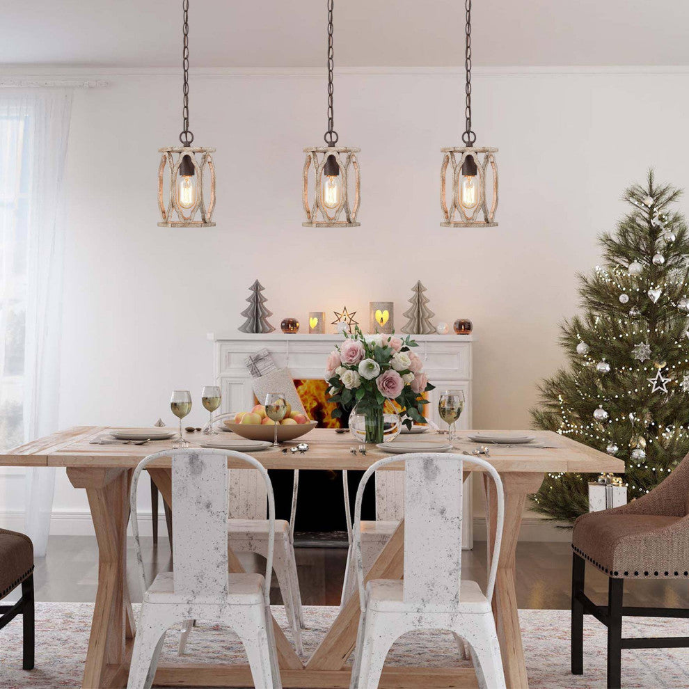 LALUZ 6-in White-washed Wood Farmhouse Lantern Mini Pendant Lighting