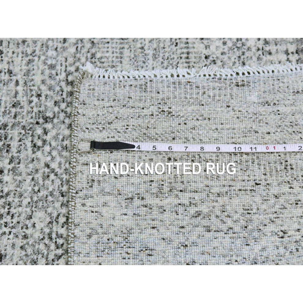 Cloud Gray Natural Undyed Wool Grass Design Hand Knotted Square Rug, 6'x6'