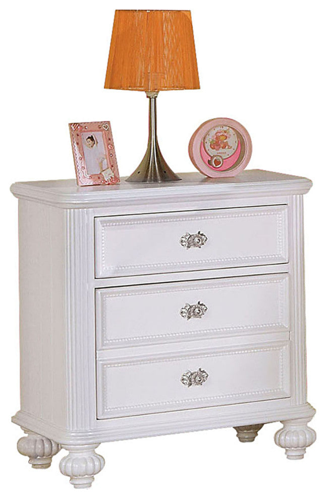Transitional Wooden Three Drawers Nightstand with Round Glass Knobs, White