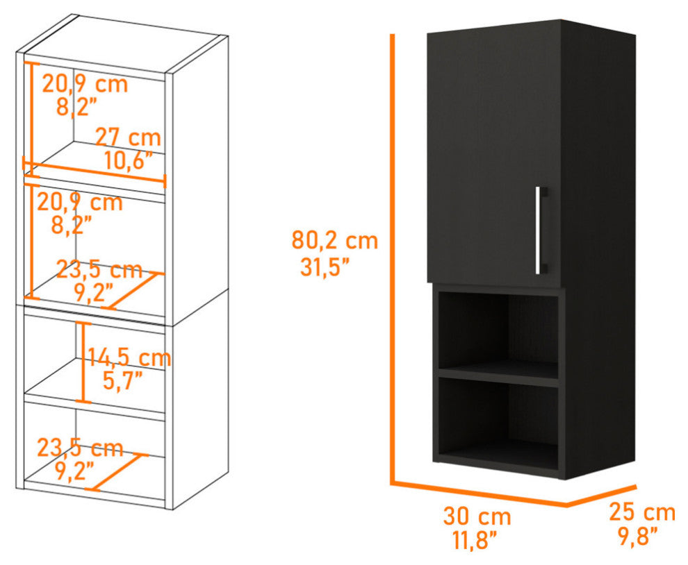 Praia Single Door Medicine Cabinet, with Four Shelves and Metal handle, Black