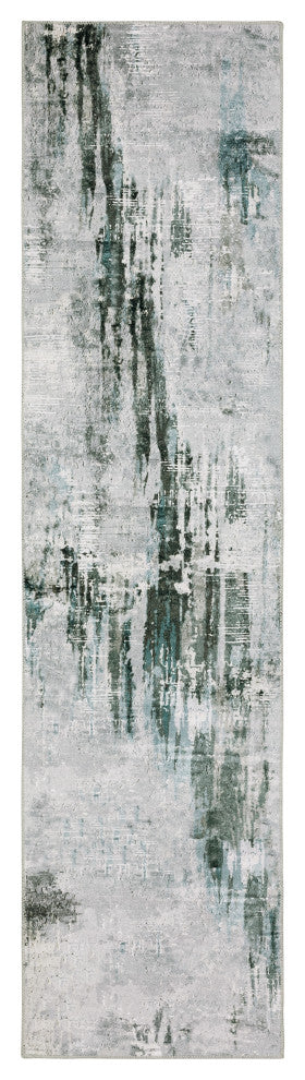 Michaela Machine Washable Modern Grey/ Teal Indoor Area Rug, Grey, 2'x8'