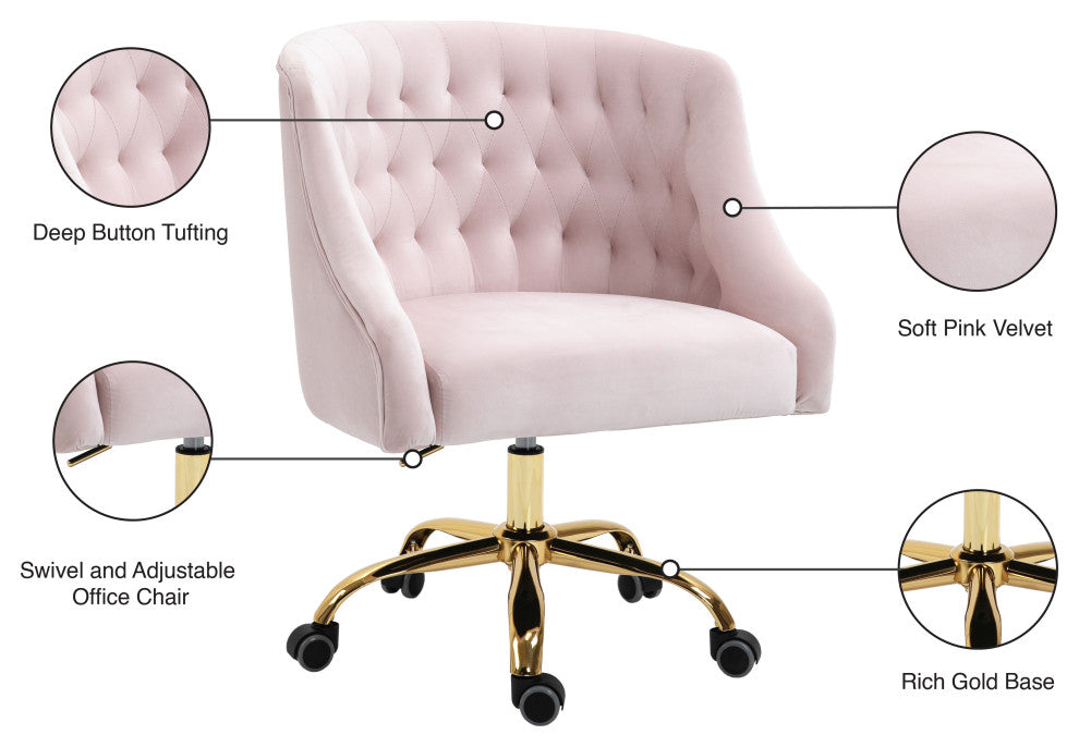Arden Swivel and Adjustable Velvet Upholstered Office Chair, Pink, Gold Base