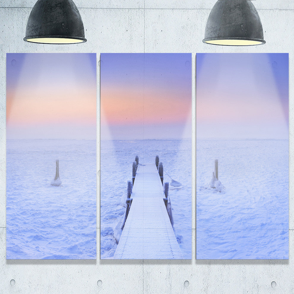 "Jetty in Frozen Lake Netherlands" Wooden Metal Wall Art, 3 Panels, 36"x28"