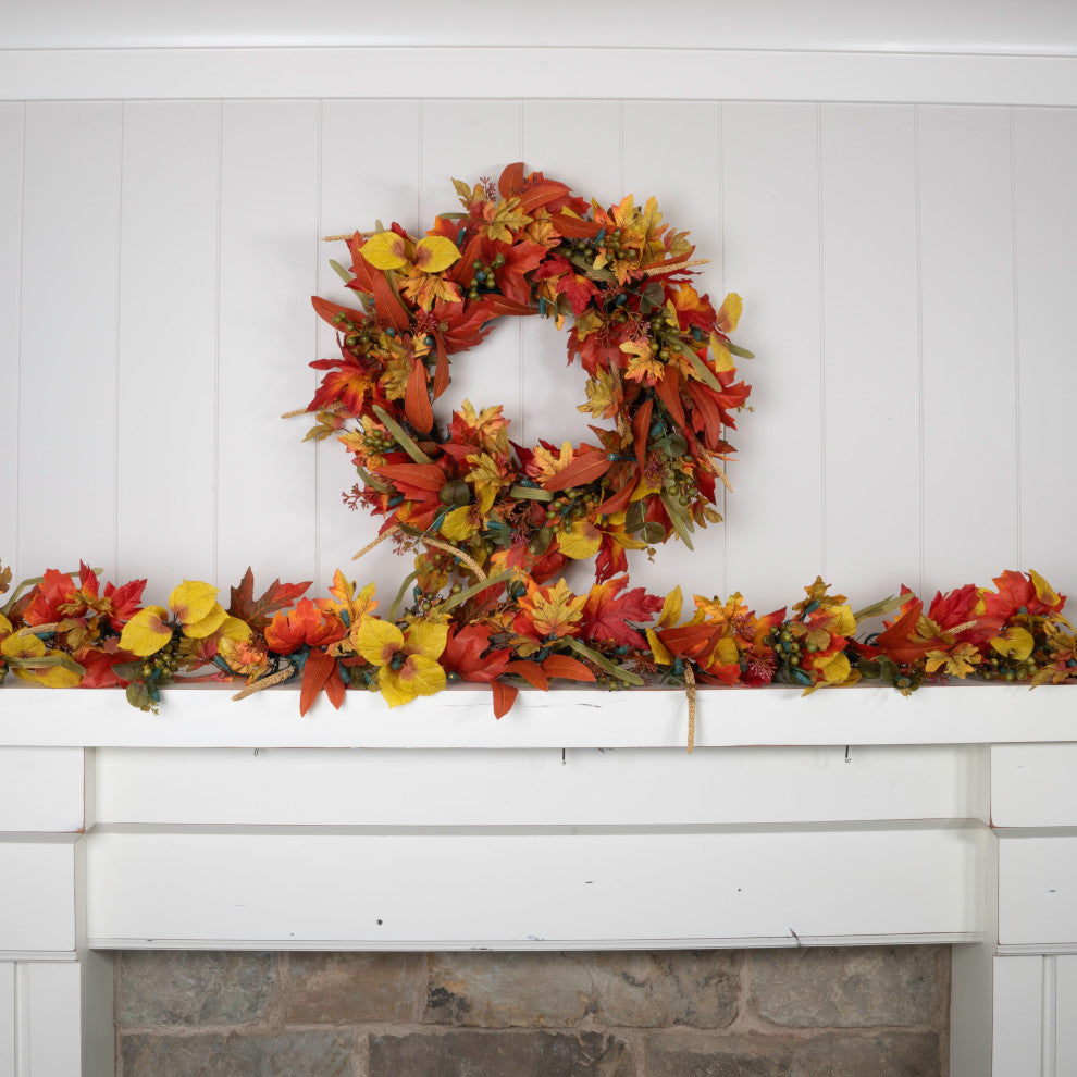 9' Artificial Garland with Lights, Fall Harvest Leaf