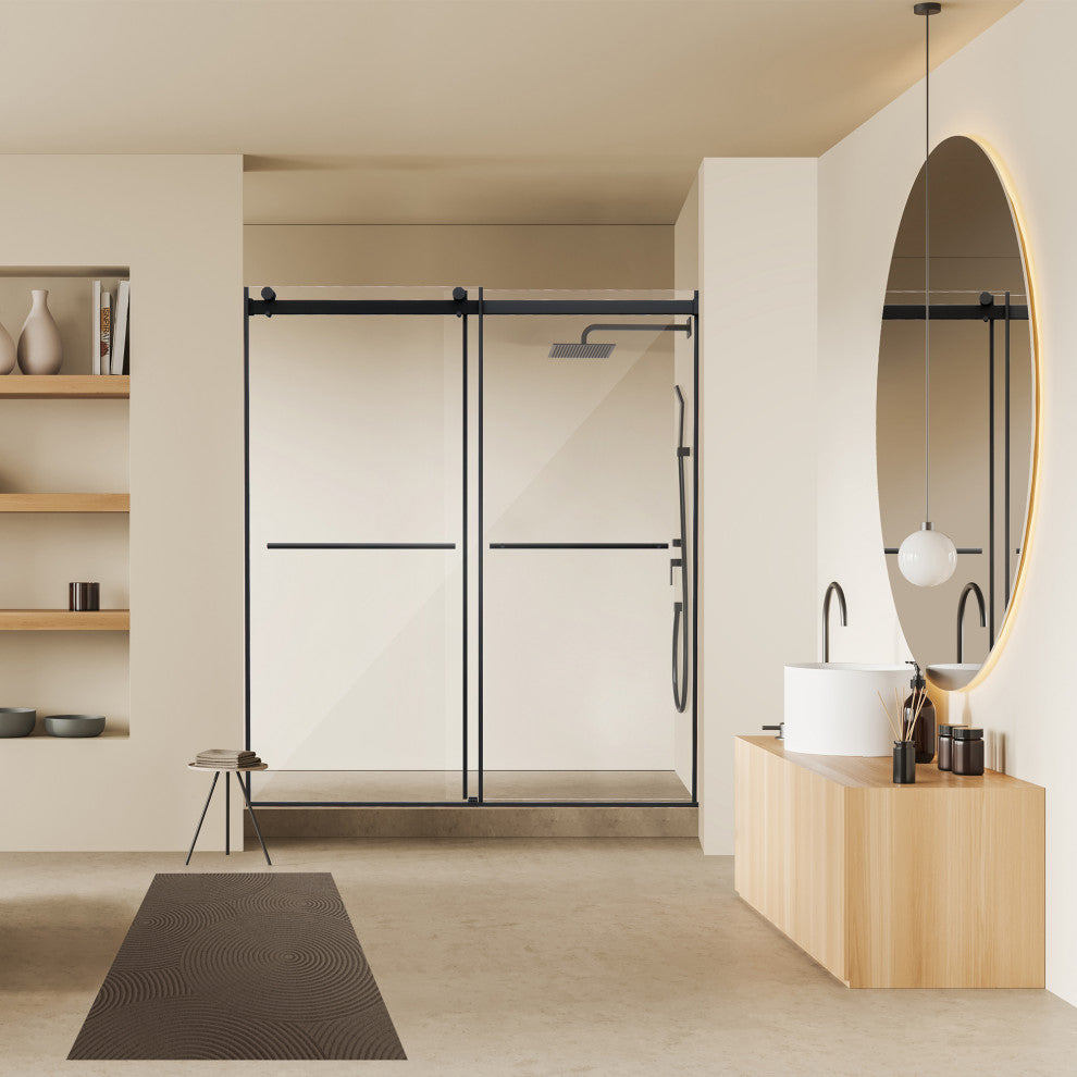 Frameless Exposed Roller Shower Door, Clear Glass, Matte Black, 68" W X 76" H