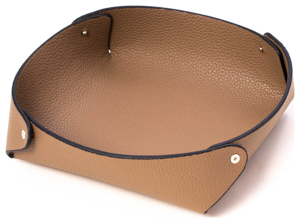 Taupe Leather Catchall Valet Tray, Lay Flat Design