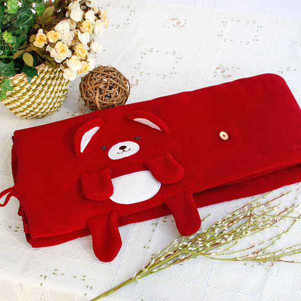 Happy Bear - Dark Red Applique Coral Fleece Baby Throw Blanket (42.5"-59.1")