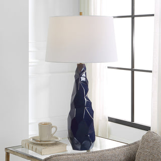 Abstract Faceted Gloss Navy Blue Ceramic Table Lamp 31 in Geometric Crinkle Luxe