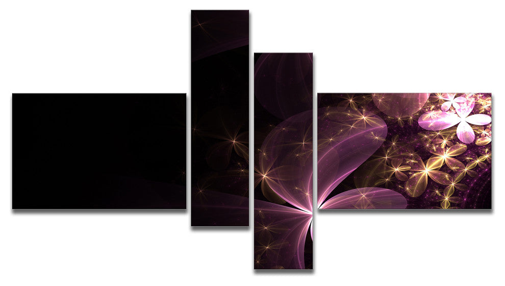 Purple Shiny Fractal Flowers, Abstract Wall Art Canvas, 60"x32", 4 panels