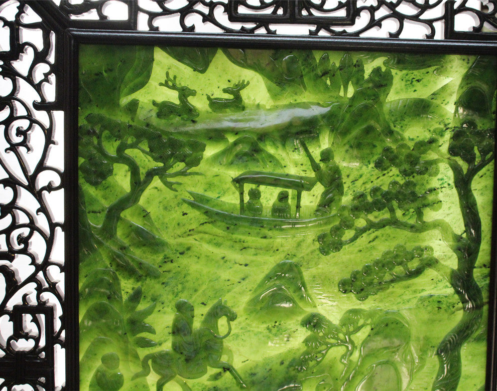 Spinach Green Stone Scenery Carving Table Top Wall Panel Display Hcs5090