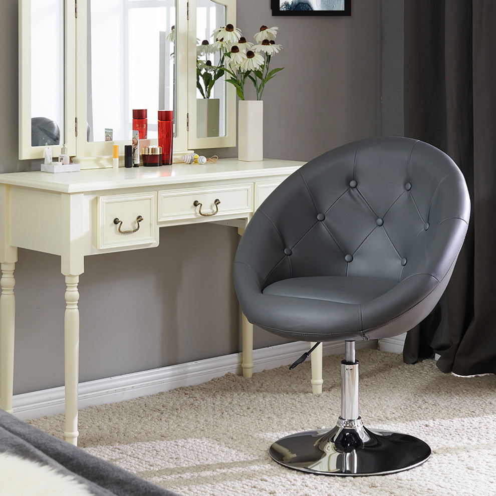 Button Tufted Swivel PU Leather Papasan Chair, Grey