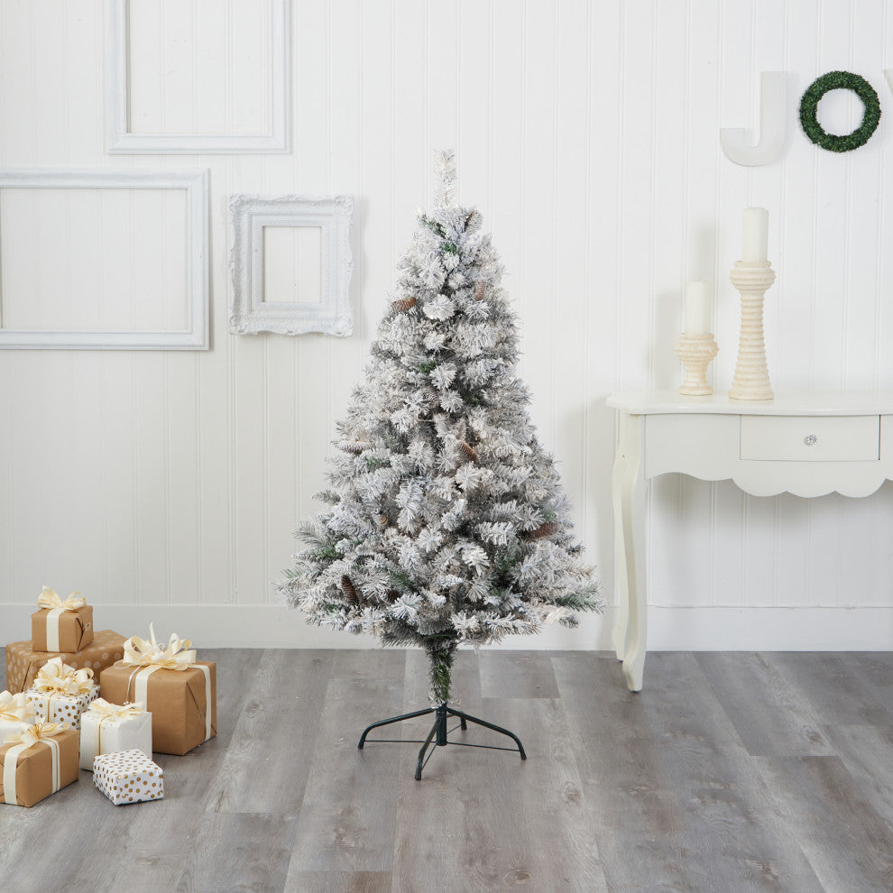 5' Flocked White River Mountain Pine Artificial Christmas Tree With Pinecones