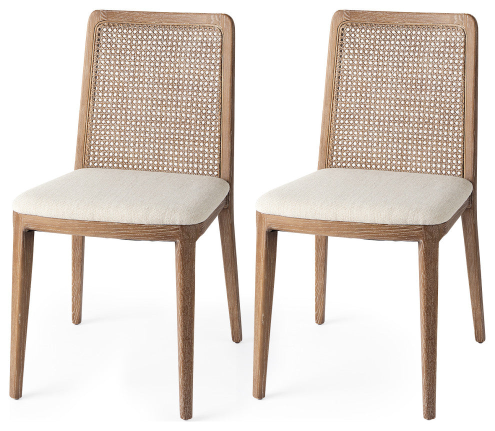Clara Cream Fabric And Cane Back With Brown Wood Frame   Dining Chair (Set of 2)