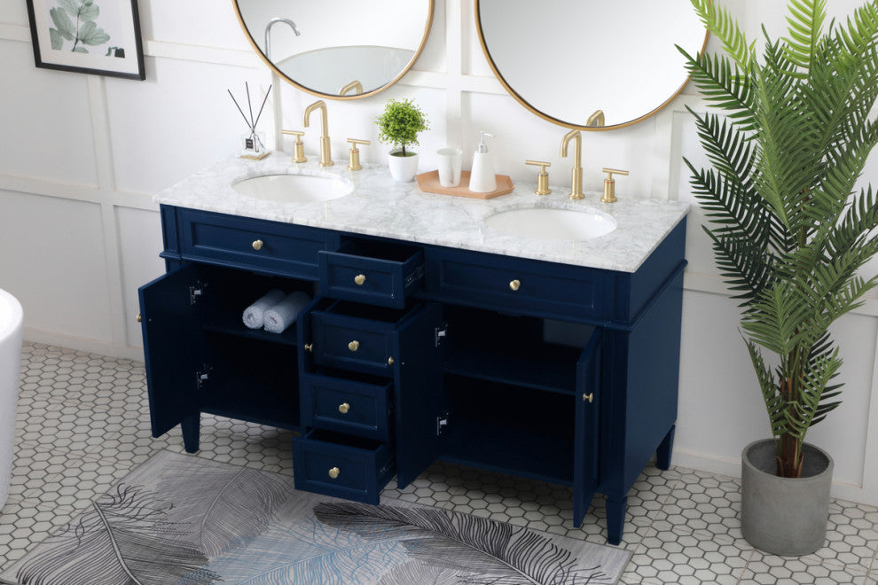 Home Living Vanity with Carrara White Marble Countertop, Blue, 60", Double Sink