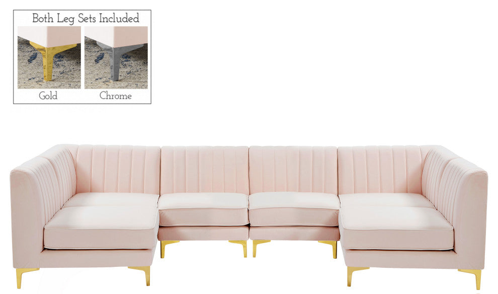 Alina Velvet Modular U-Shaped Sectional, Pink, 6-Piece: 4 Armless Chair, 2 Corner Chair
