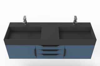 CastelloUSA Amazon 60" Wall Mounted Bathroom Vanity Set, Blue, Black Top, Black Handles